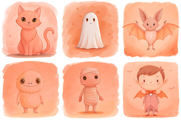 Cute set of halloween illustrations. Kids book characters. Pretty cat, cute ghost, kind vampire, nice monster, happy bat and cheerful mummy in orange warm pastel colors, cartoon style. 