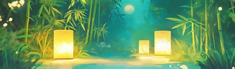 Bamboo forest illuminated by modern glass lanterns, chinese background, mid autumn festival background