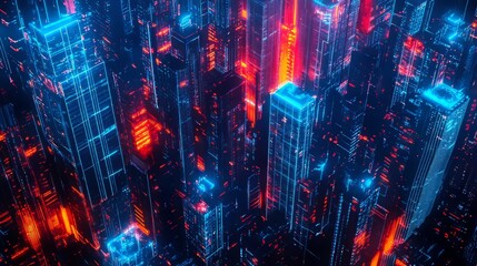 Obraz premium A vivid neon glow is featured throughout this abstract 3D illustration of a night skyline