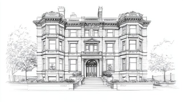 Design details and architectural details of the main hall of a university in line art