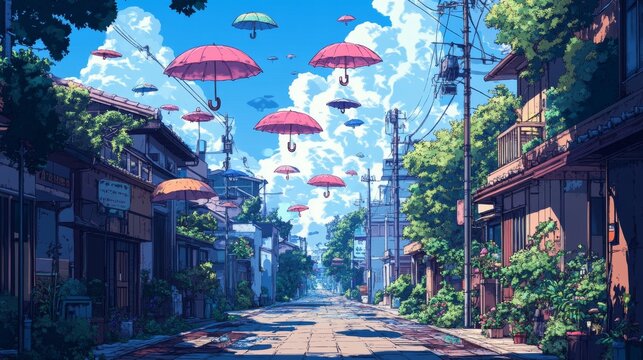 Illustration of vibrant umbrellas suspended over a street during the summer to promote awareness of a specific cause
