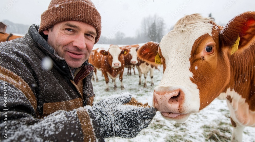 Sticker a man feeding a cow in the snow with his hand, ai