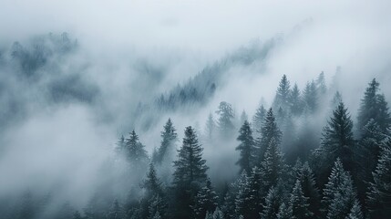 Foggy forest with trees. Mountains in the morning haze on a beautiful early morning. Landscape with mountain valley, low clouds and forest. Illustration for banner, cover, brochure or presentation.