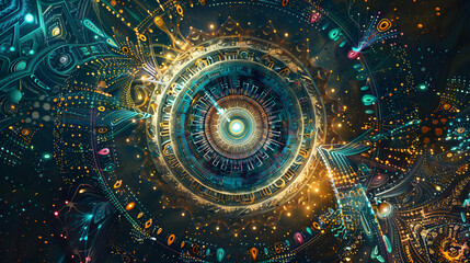 Obraz premium Psychedelic mandala artwork spiraling into complex integrated circuits and sacred geometry blending with digital algorithms 