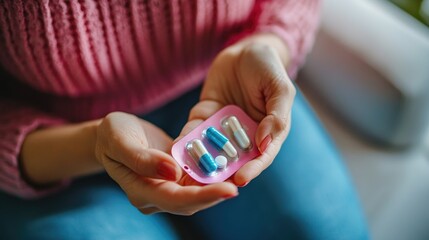 Close up of woman's hand showing a few pills, emphasizing the importance of medication in her daily routine.