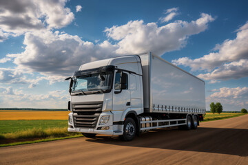 A white truck is driving on the road against the background of a summer landscape