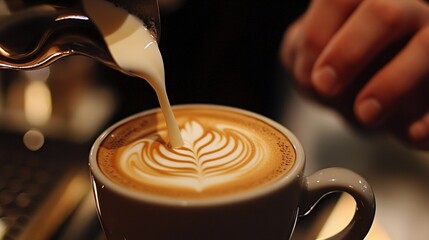 A barista pouring steamed milk into a cappuccino, forming a tulip pattern in a warm and inviting cafe.