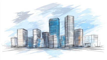 Fototapeta premium A skyline with a blue building concept suitable for presentations, banners, and websites.