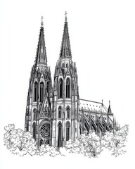 Fototapeta premium Illustration of Gothic architecture with medieval elements in a vintage drawing or engraving style