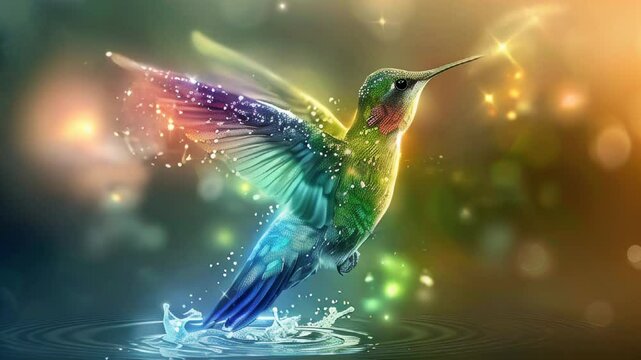 Magic glowing glittering multi-colored hummingbird splashing in water