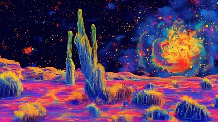 Psychedelic Desert with Cacti and Cosmic Sky - Powered by Adobe