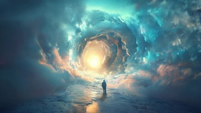 Lonely figure in cloudy tunnel, entrance to the afterlife