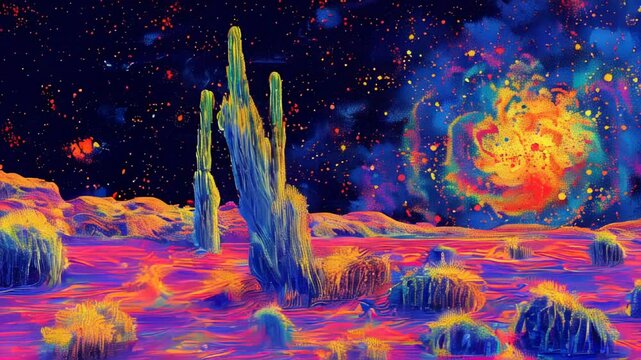 Psychedelic Desert with Cacti and Cosmic Sky