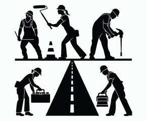 Obraz premium Vector silhouette of road workers or laborers construction illustration template