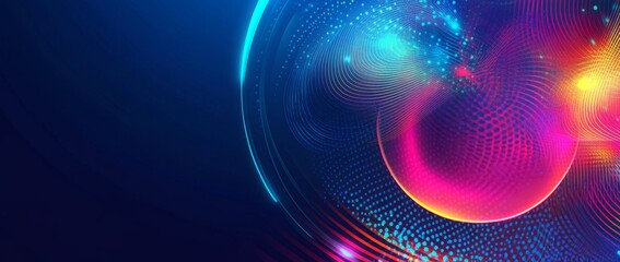 An abstract geometric background with red and blue hues. Neon light curves and shapes complement the design.