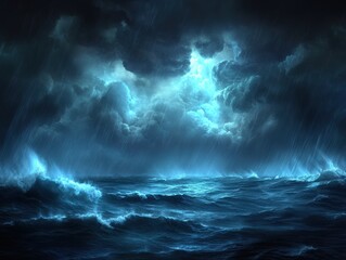 Obraz premium Stunning Ocean Storm: Dark Thunderous Clouds and Roaring Waves Under Dramatic Blue Light Sea Atmospheric Scene Fine Art