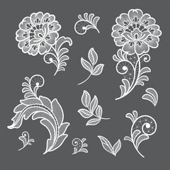 Lace decoration element.White lace flowers.Vector handmade white lace branches with flowers. Lace ribbon