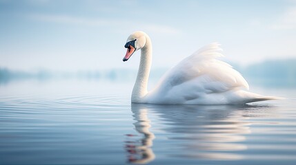Elegant swan on calm lake, smooth glide, symmetrical reflection, meditative ambience.