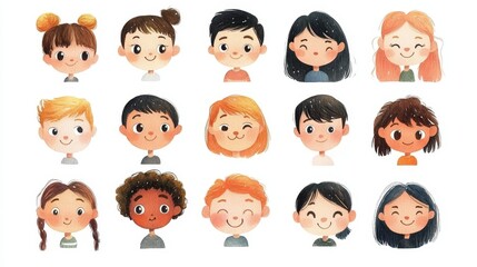 Cute cartoon human faces collection on white background. Cartoon faces set