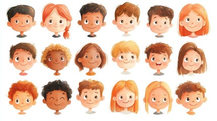 Fototapeta premium Cute cartoon human faces collection on white background. Cartoon faces set