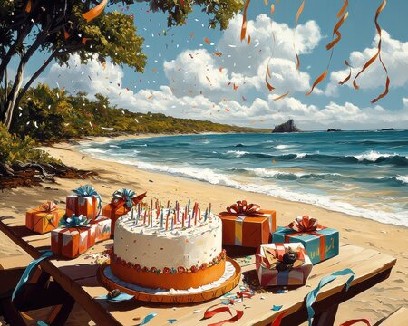 Festive beachside birthday party setup with white-frosted cake and colorful wrapped gifts, under sunny sky with scenic ocean view