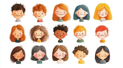 Fototapeta premium Cute cartoon human faces collection on white background. Cartoon faces set