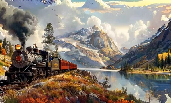 A steam locomotive chugging along a scenic mountain route, passengers enjoying the view. Video