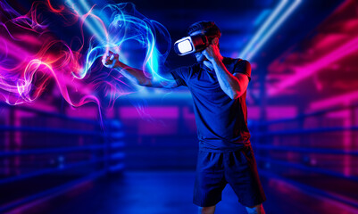 Man wearing VR glass and smashing or punching at camera in neon boxing arena. Sport gamer boxing and moving gesture in metaverse or virtual world while using digital technology innovation. Deviation.