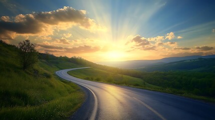 Fototapeta premium A scenic summer sunset illuminates a curving road through verdant hills. The sky is filled with dynamic clouds.