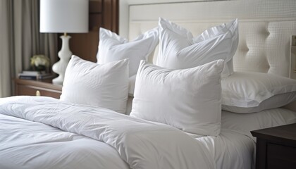 Beautifully decorated hotel bedroom with pillows on luxurious white bedding, showcasing comfort