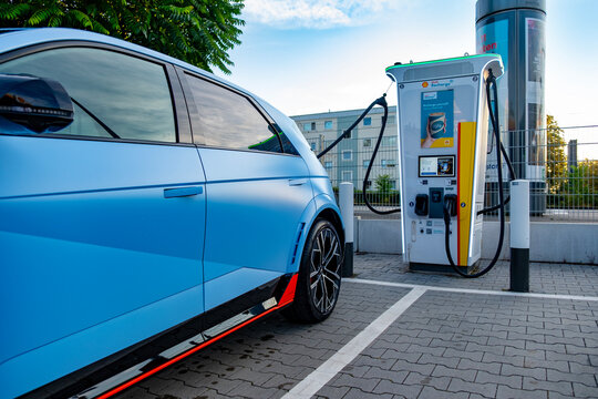 blue Hyundai IONIQ 5 N Line at Shell Recharge charging station, south korean electric compact crossover SUV eco-friendly transportation, Frankfurt, Germany - September 8, 2024