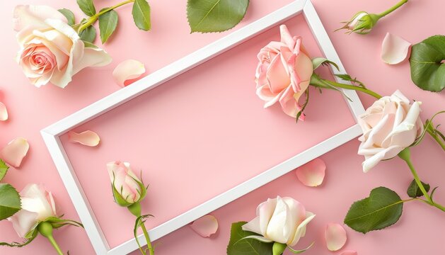 Mother's Day card template with roses in a white frame against a soft pink pastel background