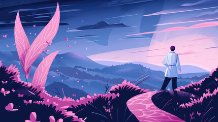 A figure in a light robe observes a tranquil landscape at dusk, surrounded by colorful plants and gentle hills under a cloudy sky