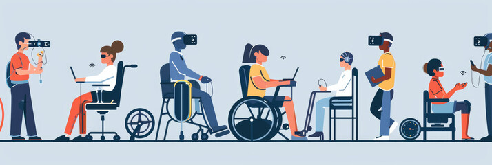 A diverse group engages with virtual reality technology, showcasing its benefits for accessibility and inclusion in various activities