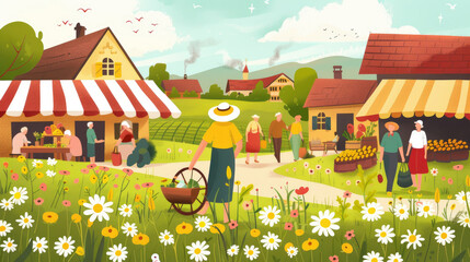 Fototapeta premium Visitors enjoy a lively farmers market filled with fresh produce and cheerful vendors on a sunny summer day