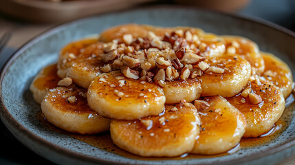 A vibrant, overhead view of a plate stacked with Hotteok pancakes, with some cut open to reveal their sweet, nutty filling.