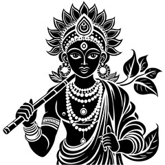 Krishna Flute Player Silhouette: A striking black and white silhouette of Lord Krishna, the Hindu deity, playing his flute.  The image is a powerful symbol of devotion, spirituality, and music.  Perfe