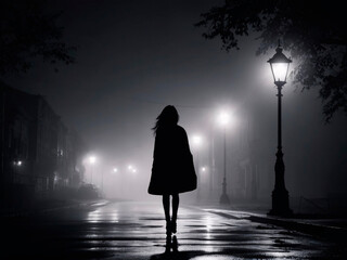 Silhouette of a single woman walking alone at night, dark noir city streets dim lights of lamps