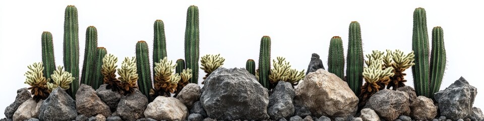 Vibrant Array of Tall and Short Green Cacti Surrounded by Mixed Sized Rocks on a White Background: Desert Landscape in Detail