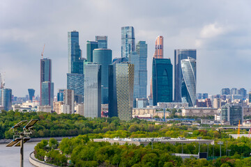 Fototapeta premium Skyscrapers of Moscow city seen from Sparrow mountains, Russia