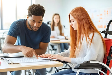 Fototapeta premium Teacher teaches student in wheelchair
