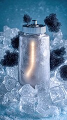 Innovative Frozen Energy Container with Metallic Cap and Glowing Light Surrounded by Ice Cubes in a Cool Blue Setting