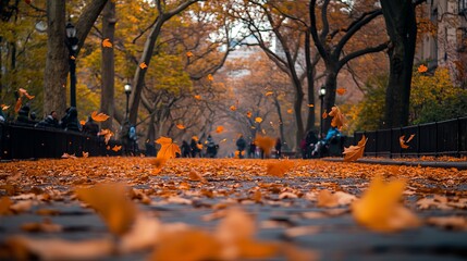 The park is filled with orange leaves falling from the trees, a beautiful scene of autumn.