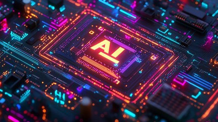 Obraz premium The picture shows a circuit board with colorful glowing tracks. These tracks connect to a central processing unit, and the letters 