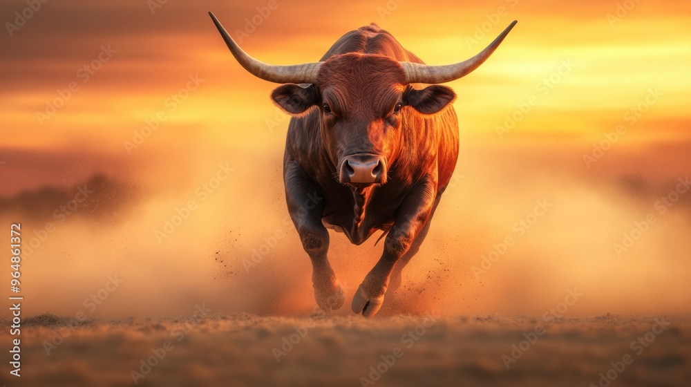 Poster A bull running through the dirt at sunset with a cloud in front of it, AI