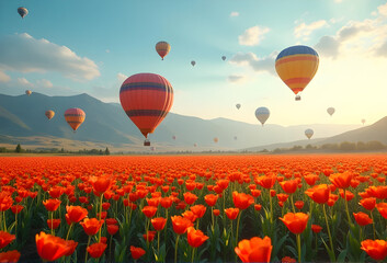 Fototapeta premium Hot air balloon in a field of orange flowers