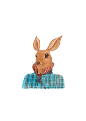 Fototapeta premium Beige bunny in suit. Animal character. Hand drawn close up portrait. Fashion postcard. Isolated watercolor illustration