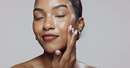 Woman, serum and face for skincare, application and cosmetics with facial, glow and transformation. Model, dermatology and hyaluronic acid in studio for skin, hydration and beauty on white background - Powered by Adobe