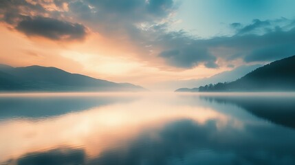 Obraz premium Serene Sunset Over Foggy Lake and Mountains