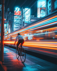 Fototapeta premium a cyclist riding a bicycle next to a train in full speed